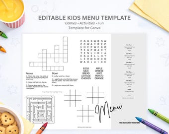Szablon menu dla dzieci Edytowalny szablon menu Szablon menu do druku Menu dla dzieci w restauracji Menu aktywności dla dzieci do edycji w Canva