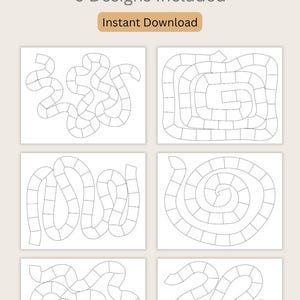 May include: Printable board game designs featuring six unique layouts. Each design is a different path, including a spiral and a winding trail. The text "Instant Download" and "Shop Now" are also visible.