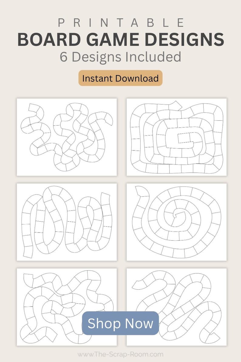 May include: Printable board game designs featuring six unique layouts. Each design is a different path, including a spiral and a winding trail. The text "Instant Download" and "Shop Now" are also visible.