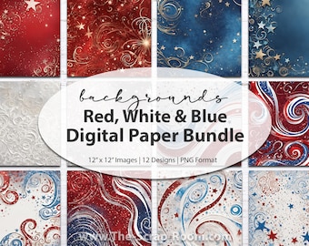 Patriotic red white and blue digital paper pack printable  backgrounds scrapbook textures America USA 4th of July Independence day