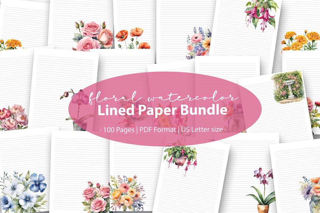 Printable Lined Paper With Watercolor Flowers - College Ruled Digital ...