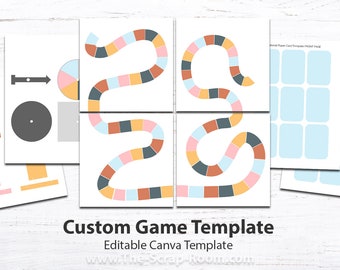 May include: Printable game template with a colorful snake path, game pieces, and score cards. The template is editable in Canva and is available for download from The Scrap Room.
