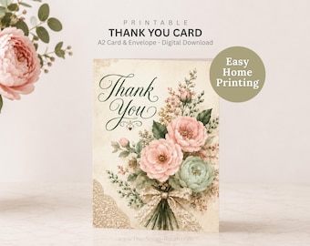 Vintage Inspired Printable Thank You Card A2 Card and Envelope Template Feminine Floral Card PNG Digital Download Blush Pink Sage Stationery