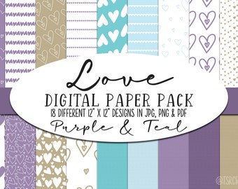 Digital Paper / Backgrounds Kit - Purple and Teal Hearts Digital Paper Pack