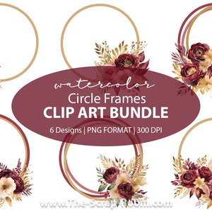 Cadres floraux bordeaux et or, dessins clip art aquarelle, clipart floral, fleurs bordeaux, fleurs aquarelles, cadre rond