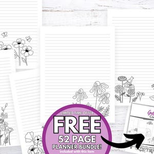 Carta a righe stampabile con scarabocchi di fiori College Ruled e Wide Ruled inclusi 6 diversi design di carta a righe digitali + KIT PLANNER GRATUITO