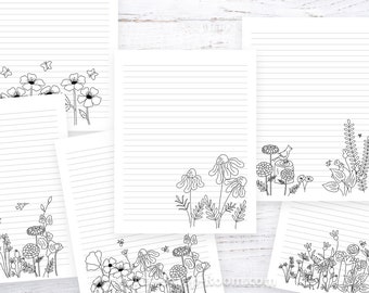 Printable Lined Paper with flower doodles College Ruled and Wide Ruled included 6 different digital lined paper designs