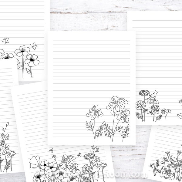 Printable Lined Paper with flower doodles - College Ruled and Wide Ruled included - 6 different digital lined paper designs