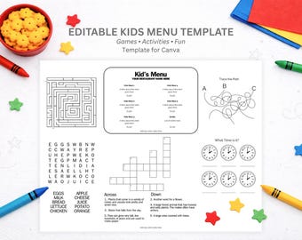Może przedstawiać: Biały szablon menu dla dzieci z grami, aktywnościami i zabawnymi elementami. Menu zawiera labirynt, wyszukiwanie słów, krzyżówkę i aktywność "śledź ścieżkę". Kredki i dekoracje w kształcie gwiazd otaczają menu.