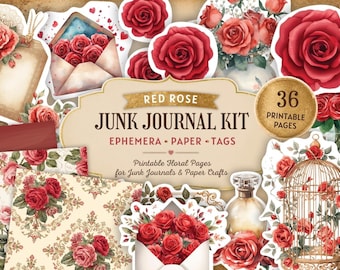 May include: A Red Rose Junk Journal Kit featuring 36 printable pages of ephemera, paper, and tags. The collection includes various illustrations of red roses, envelopes, a birdcage, and floral patterns on cream-colored backgrounds with text.