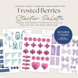 Peut inclure: Une collection numérique intitulée Frosted Berries Starter Palette, comprenant 5 pages imprimables avec des illustrations de bordures en dentelle bleu foncé, de clés et cadenas bleu clair, d'ornements rose framboise, d'étiquettes lilas et de nœuds.