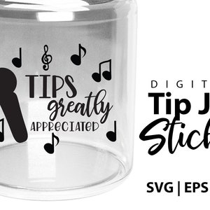 Sticker digitale tippot DOWNLOAD Tippot-ontwerp "Tips zeer gewaardeerd" met muzieknoten, microfoonontwerp voor doe-het-zelf tippotjes voor muzikanten