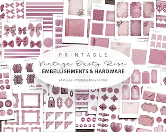 Collection d'embellissements pour journal créatif rose poudré, imprimables et vintage