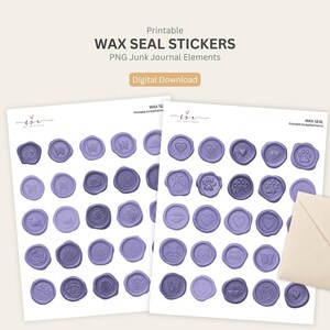 Könnte beinhalten: Druckbare Wachssiegel-Aufkleber in Lila, mit verschiedenen Designs wie Herzen und Pfotenabdrücken. Das Bild zeigt zwei Stickerbögen, einen einzelnen Aufkleber und einen Umschlag. Der Text lautet "WAX SEAL STICKERS" und "Digital Download."