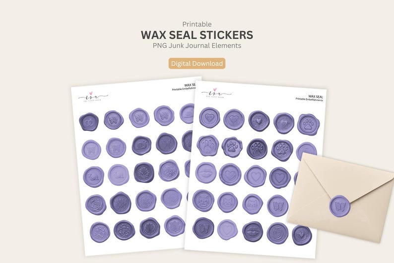 Op de afbeelding: Printbare paarse waszegelstickers met verschillende ontwerpen zoals harten en pootafdrukken. De afbeelding toont twee vellen stickers, een enkele sticker en een envelop. De tekst luidt "WAX SEAL STICKERS" en "Digital Download."