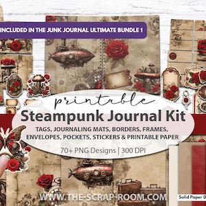 Printable Junk Journal Paper Craft Kit Steampunk papers stickers embellishments fussy cut ephemera red gothic industrial scrapbook kit