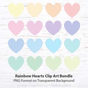 Paquete de imágenes prediseñadas de corazones pastel: 16 corazones en diferentes colores pastel en formato PNG sobre fondo transparente