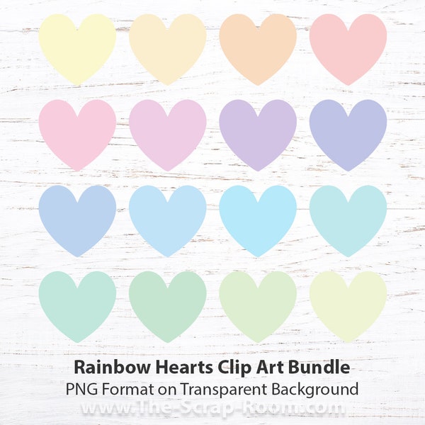 Pastel Heart Clip Art Bundle - 16 hearts in different pastel colors in PNG format on transparent background