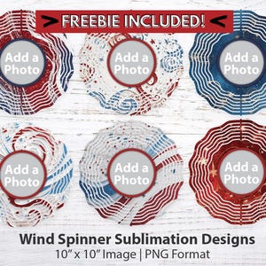 Photo Frame Wind Spinner Sublimation Designs PNG Hanging spinner Patriotic Decorations DIY gifts Red White & Blue American USA Designs
