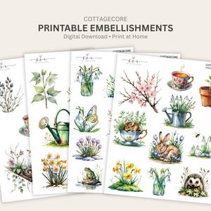 Pegatinas estilo cottagecore, imprimibles, para diario creativo, paquete de pegatinas para scrapbooking, recortes precisos, descarga instantánea, estilo cottagecore, principios de primavera.
