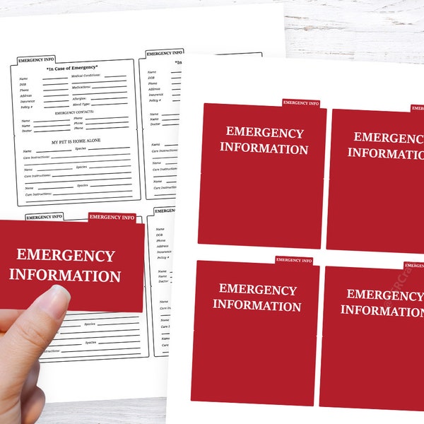 Printable Emergency Card Digital Design - Wallet Emergency Card with health and pet info