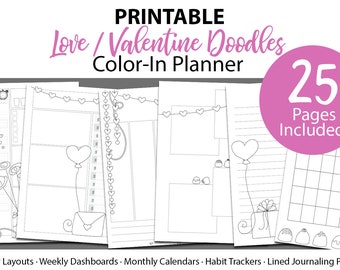 Printable Life Planner Kit: Love / Valentine Doodles Digital Planner bundle  - Printable Coloring planner inserts / digital planner