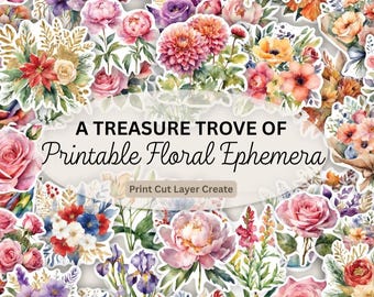 Elementos imprimibles para álbumes de recortes: Efímeros florales, recortes precisos, pegatinas vintage, adornos shabby chic, imprimibles para álbumes de recortes.
