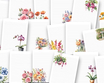 Printable Lined Paper with watercolor flowers  College Ruled digital lined paper designs 100 pages journaling paper journal lined paper