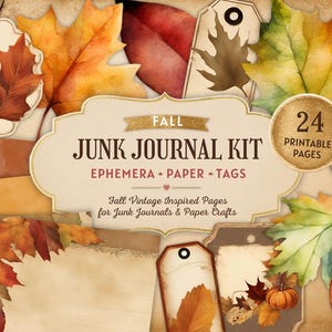 May include: A digital junk journal kit featuring 24 printable pages with fall-themed ephemera, paper, and tags. The collection includes watercolor illustrations of autumn leaves, acorns, and pumpkins in shades of orange, brown, and yellow.
