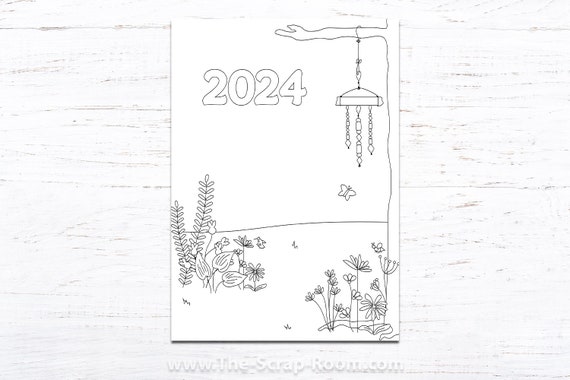 2024 Printable Planner or Journal Cover Page / insert - Floral 2024 Cover  (version B)- Adult Coloring Book style journal cover