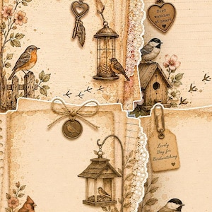 Puede incluir: Una colecci&oacute;n de hojas de papel de estilo vintage con ilustraciones de p&aacute;jaros, pajareras y comederos. Los elementos decorativos incluyen dijes de metal con forma de coraz&oacute;n y llave, lazos de cuerda, encaje y el texto Bird watcher at heart.