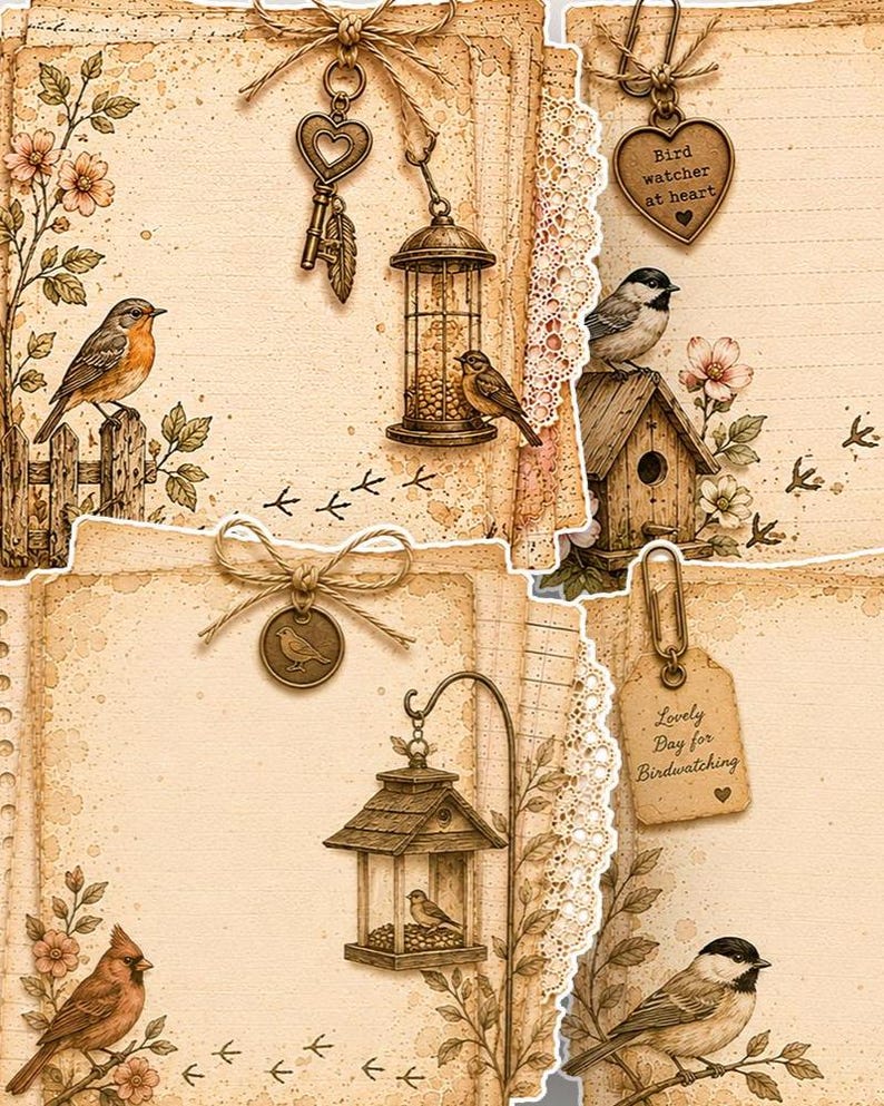 Puede incluir: Una colecci&oacute;n de hojas de papel de estilo vintage con ilustraciones de p&aacute;jaros, pajareras y comederos. Los elementos decorativos incluyen dijes de metal con forma de coraz&oacute;n y llave, lazos de cuerda, encaje y el texto Bird watcher at heart.