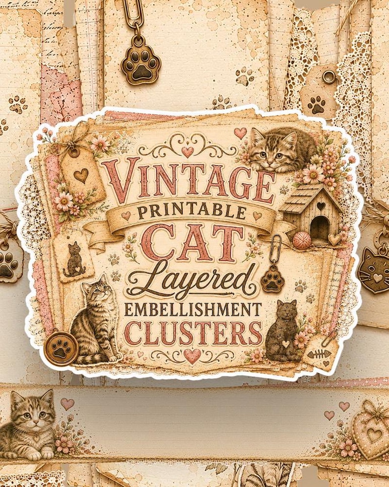 Pode incluir: Uma cole&ccedil;&atilde;o de enfeites de papel imprim&iacute;veis com o texto VINTAGE PRINTABLE CAT LAYERED EMBELLISHMENT CLUSTERS. O design inclui ilustra&ccedil;&otilde;es de gatos malhados, uma casinha de gato, pegadas, cora&ccedil;&otilde;es e padr&otilde;es de renda em bege e rosa.