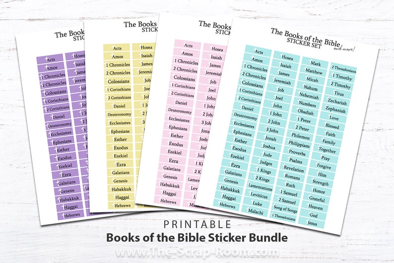 Printable Stickers, Books of the Bible, pastel stickers, bible stickers, daily devotional stickers, 4 color bundle set