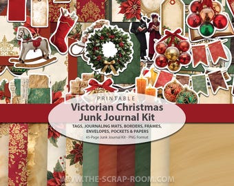May include: A printable Victorian Christmas junk journal kit with tags, journaling mats, borders, frames, envelopes, pockets, and papers. The image features Christmas ornaments, a wreath, a rocking horse, and a woman in a red dress. The kit includes a 45-page journal in PNG format.