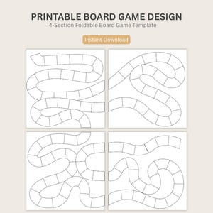 May include: Printable board game design template with a 4-section foldable design. The template features four individual game board layouts with winding paths and numbered spaces, all in a simple black and white design. The text "Instant Download" is also visible.