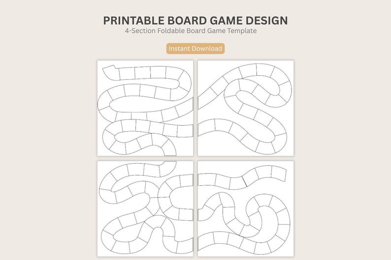 May include: Printable board game design template with a 4-section foldable design. The template features four individual game board layouts with winding paths and numbered spaces, all in a simple black and white design. The text "Instant Download" is also visible.