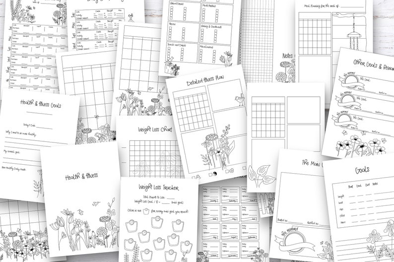 fitness journal printable planner inserts - printable journal planner pages for weight loss tracking, goal setting, wellness, meal planning, and exercise planning and tracking.