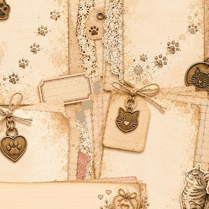 Pode incluir: Uma cole&ccedil;&atilde;o de papel ef&ecirc;mero bege com adornos tem&aacute;ticos de gatos, incluindo pingentes de metal em forma de rostos de gato e cora&ccedil;&otilde;es com pegadas, renda branca, la&ccedil;os de barbante e uma ilustra&ccedil;&atilde;o detalhada de um gato malhado.