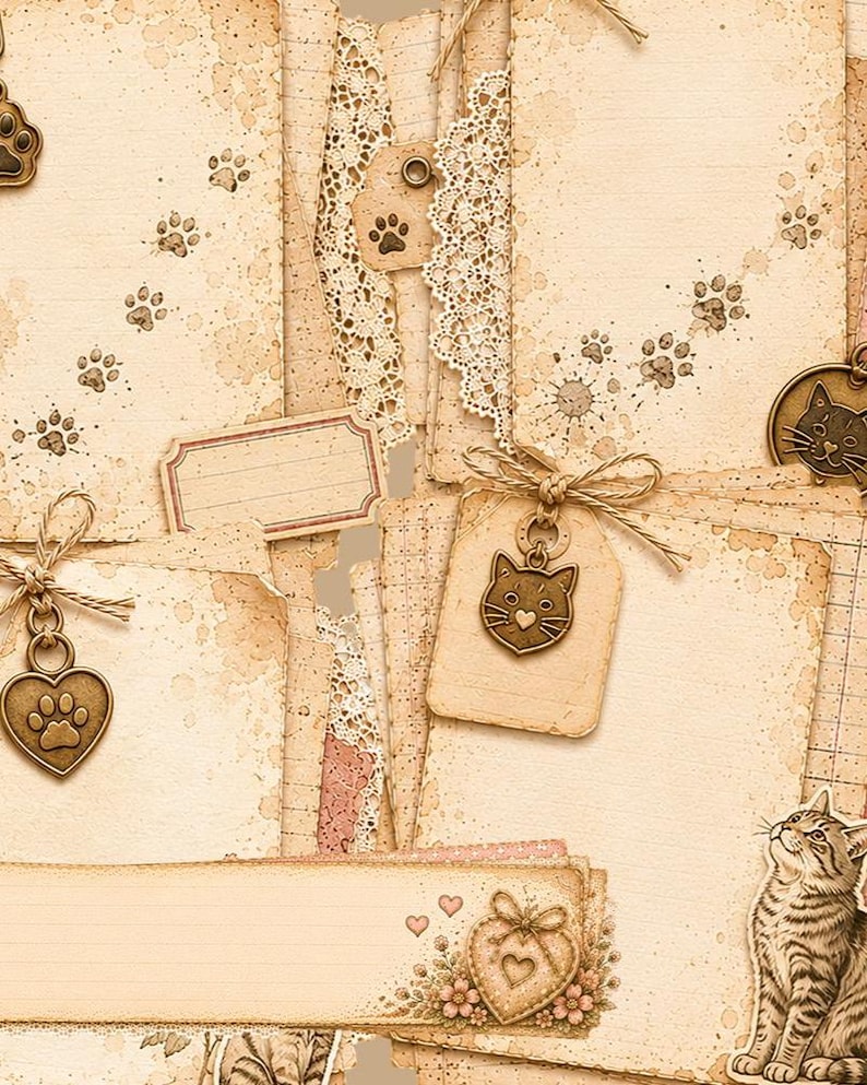 Pode incluir: Uma cole&ccedil;&atilde;o de papel ef&ecirc;mero bege com adornos tem&aacute;ticos de gatos, incluindo pingentes de metal em forma de rostos de gato e cora&ccedil;&otilde;es com pegadas, renda branca, la&ccedil;os de barbante e uma ilustra&ccedil;&atilde;o detalhada de um gato malhado.