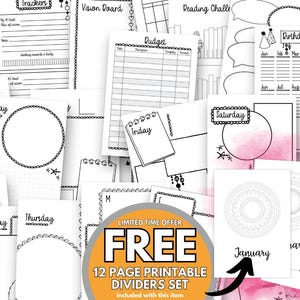 May include: A set of 12 printable divider pages for a planner or journal. The pages feature a variety of designs, including circles, squares, and floral patterns. The text "FREE 12 PAGE PRINTABLE DIVIDERS SET" is displayed in a large, orange circle.