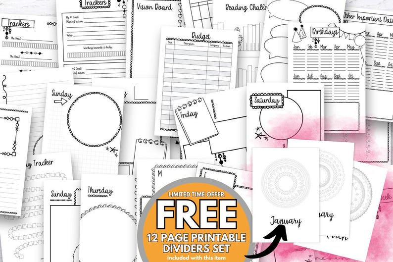 May include: A set of 12 printable divider pages for a planner or journal. The pages feature a variety of designs, including circles, squares, and floral patterns. The text "FREE 12 PAGE PRINTABLE DIVIDERS SET" is displayed in a large, orange circle.