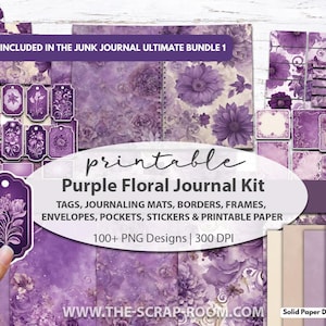 Printable Junk Journal kit purple floral papers tags stickers flower fussy cut ephemera scrapbook 2025 junk journal handmade junk journal