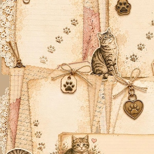 Pode incluir: Uma cole&ccedil;&atilde;o de etiquetas de papel e artigos de papelaria em estilo vintage com ilustra&ccedil;&otilde;es de gatos em tons de s&eacute;pia, motivos de pegadas, acabamentos em renda, la&ccedil;os de barbante e pingentes de metal em forma de cora&ccedil;&atilde;o e pata.