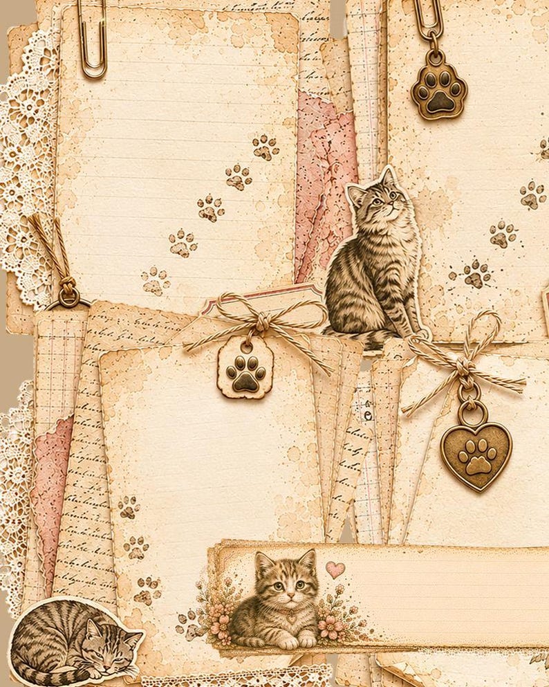 Pode incluir: Uma cole&ccedil;&atilde;o de etiquetas de papel e artigos de papelaria em estilo vintage com ilustra&ccedil;&otilde;es de gatos em tons de s&eacute;pia, motivos de pegadas, acabamentos em renda, la&ccedil;os de barbante e pingentes de metal em forma de cora&ccedil;&atilde;o e pata.