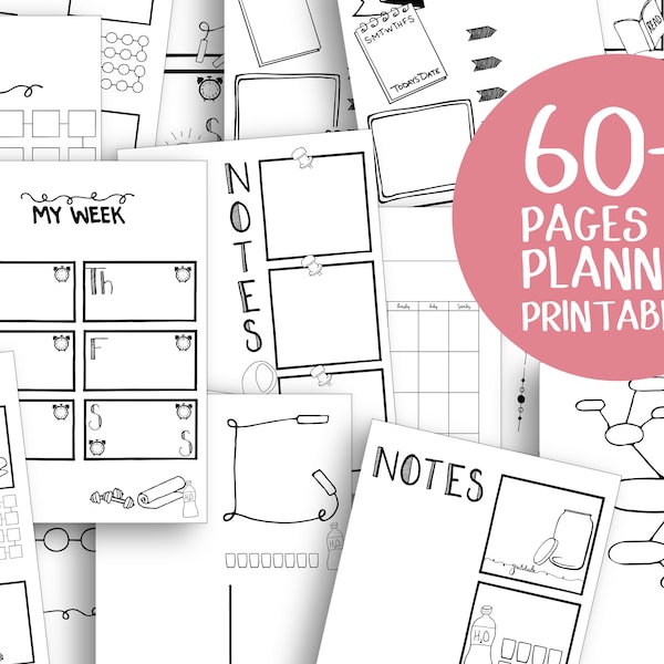 Kit de planificador imprimible A5 con plantillas diarias, semanales y mensuales. Plantillas imprimibles para planificadores en formato A5, A6 y carta. Recambio de páginas para planificador.