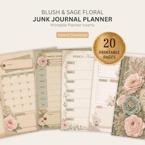 Può includere: Un set di 20 inserti stampabili per agenda intitolato BLUSH & SAGE FLORAL JUNK JOURNAL PLANNER. Le pagine presentano un'estetica vintage con illustrazioni floreali rosa cipria e verde salvia, motivi in pizzo e layout organizzati per abitudini e pianificazione.