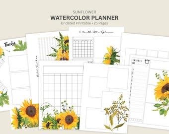 Planificador imprimible con diseño de girasoles y acuarela, con páginas digitales de 31 días, plantillas fáciles de imprimir y descarga instantánea.
