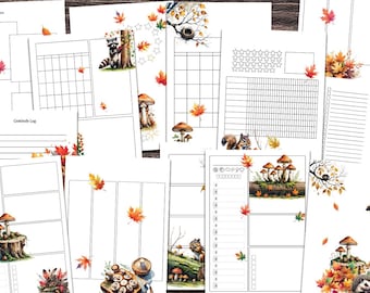 Può includere: Una raccolta di pagine di pianificazione stampabili a tema autunnale. Le pagine presentano illustrazioni di funghi, procioni, scoiattoli e foglie autunnali. Alcune pagine includono calendari, registri di gratitudine ed elenchi di cose da fare, tutti decorati con arte ad acquerello.