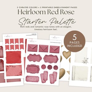 Peut inclure: Cinq pages imprimables présentant la palette Heirloom Red Rose Starter Palette. La collection comprend divers embellissements en papier dans les tons rouge et rose, des étiquettes, des enveloppes, des cadres et des fiches recettes, avec un cercle marron indiquant 5 PAGES INCLUDED.